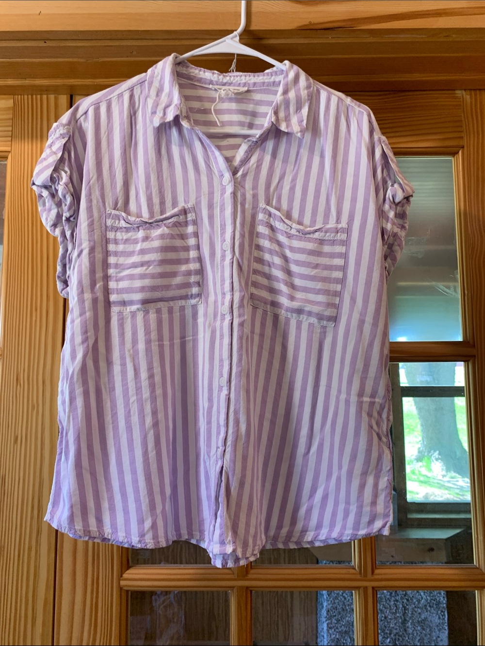 Women’s BeachLunchLounge Pastel Purple Striped Button Down Short Sleeve Shirt L